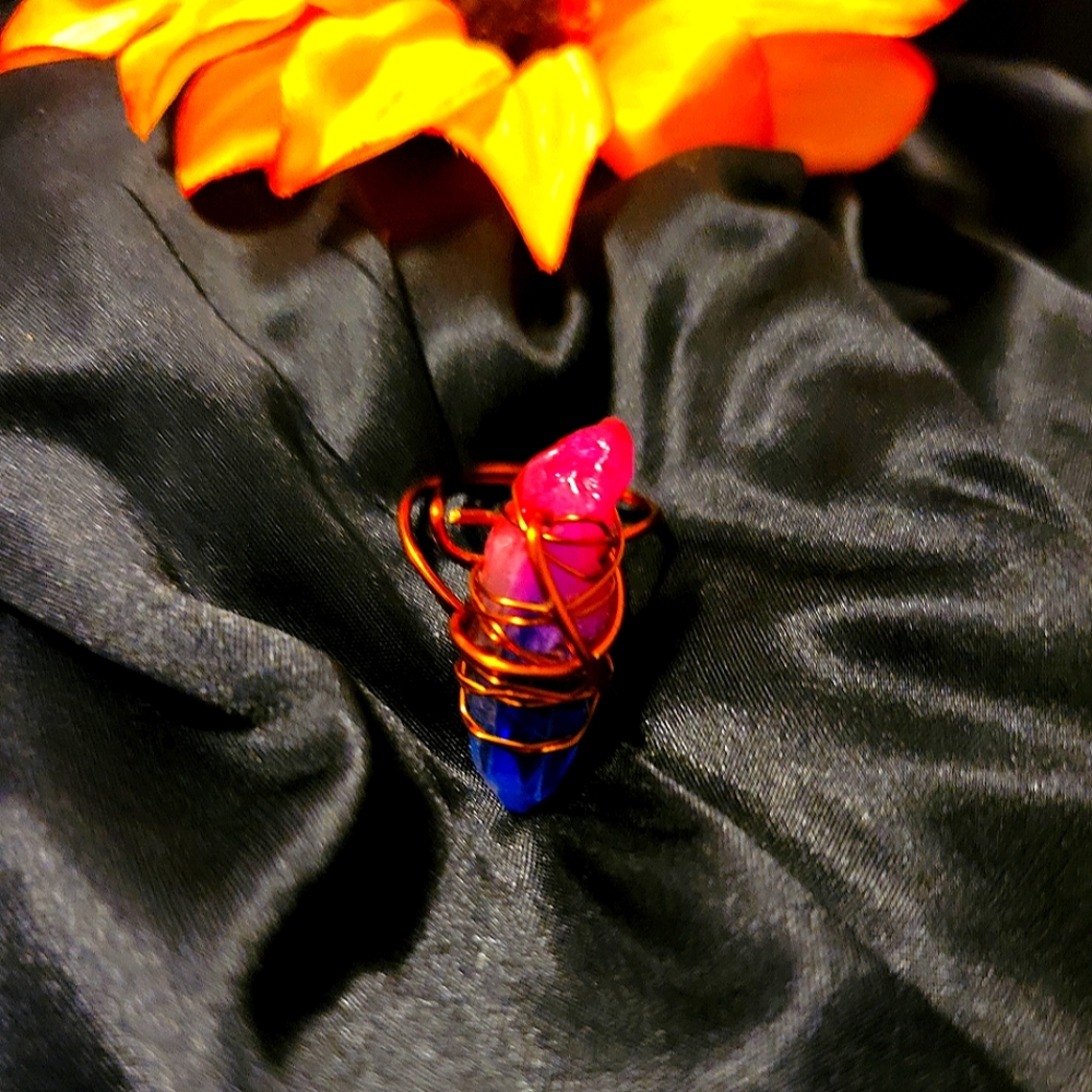 Rainbow(Pink,blue) quartz wrapped copper ring adjustable handmade